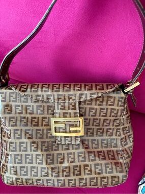 Fendi Brown Zucca FF Canvas Shoulder Bag with Gold-Tone Buckle